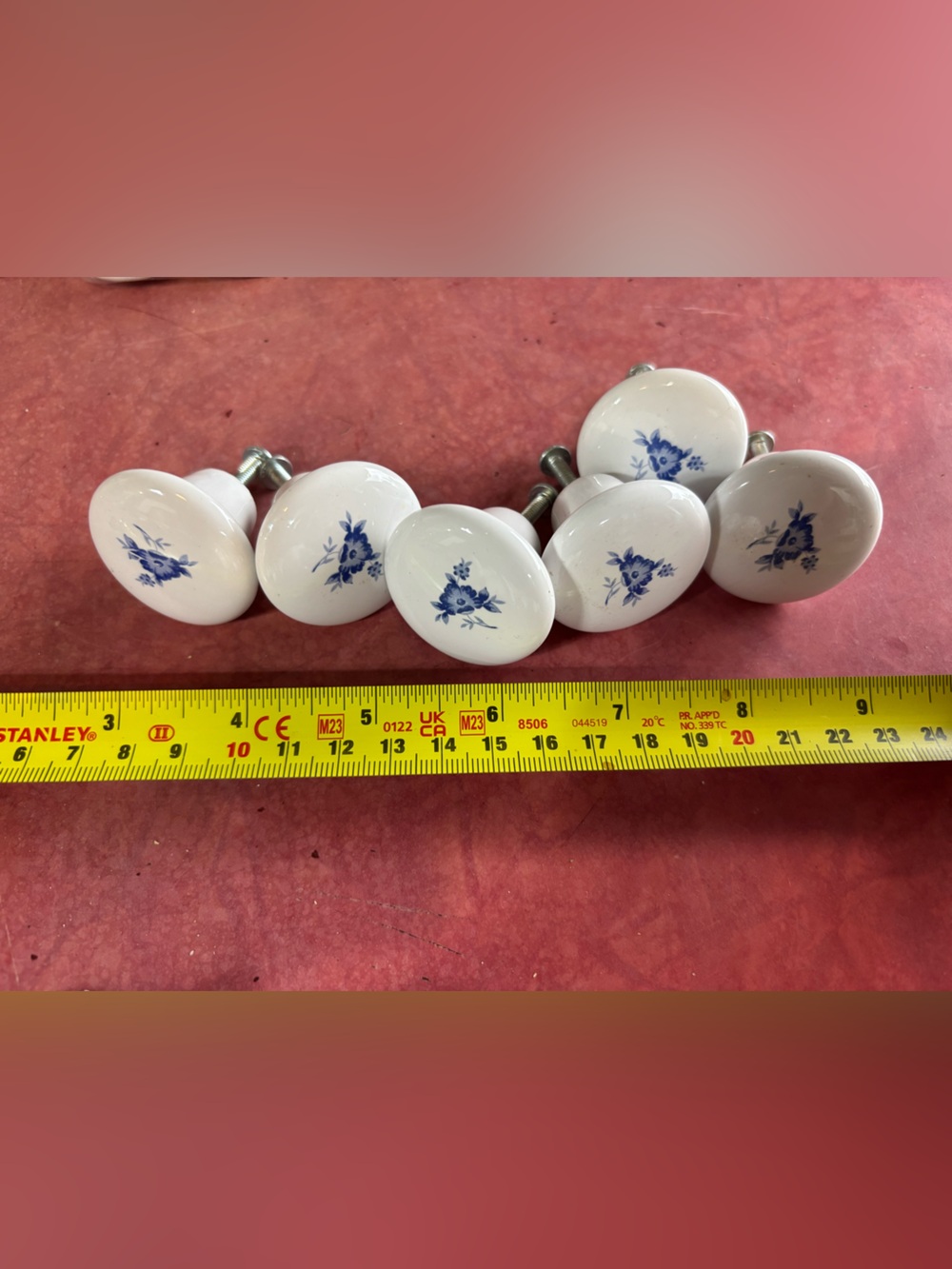 Set of 6 ceramic dresser drawer knobs white with blue flower